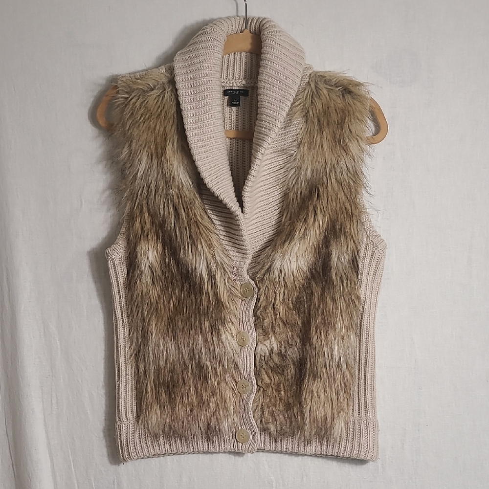 Ann Taylor Wool Vest With Faux Fur Trim Cream and Brown Size Medium